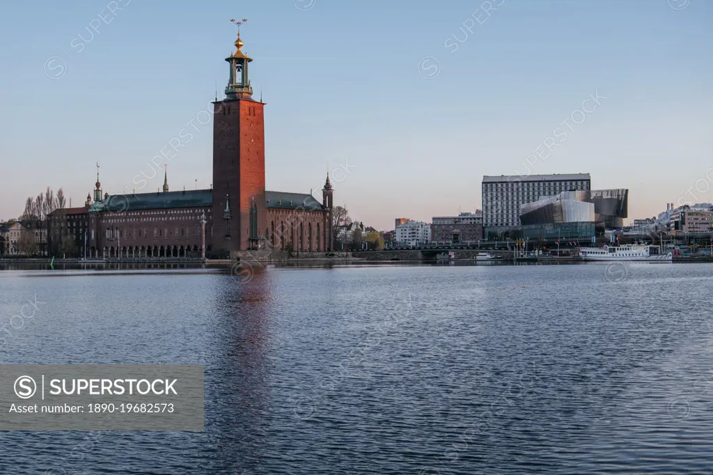 Stockholm City Hall at dawn, Stockholm, Sodermanland and Uppland, Sweden, Scandinavia, Europe