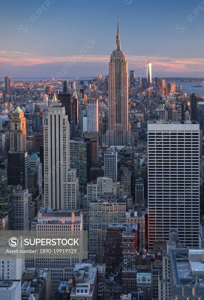 The Empire State Building and Lower Manhattan skyline at sunset, Manhattan, New York, United States of America, North America