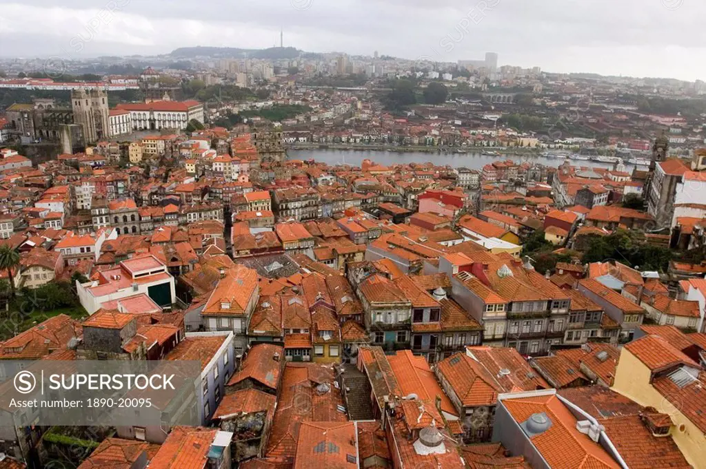 Looking south from the Clerical Tower Torre dos Clerigos towards the Ribeira district and the Douro River, Oporto, Portugal, Europe
