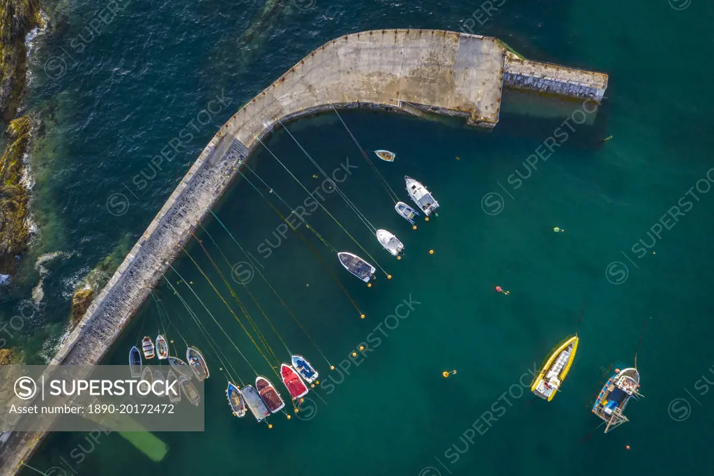 Aerial view of fishing boats in Mevagissey Harbour, Cornwall, England, United Kingdom, Europe