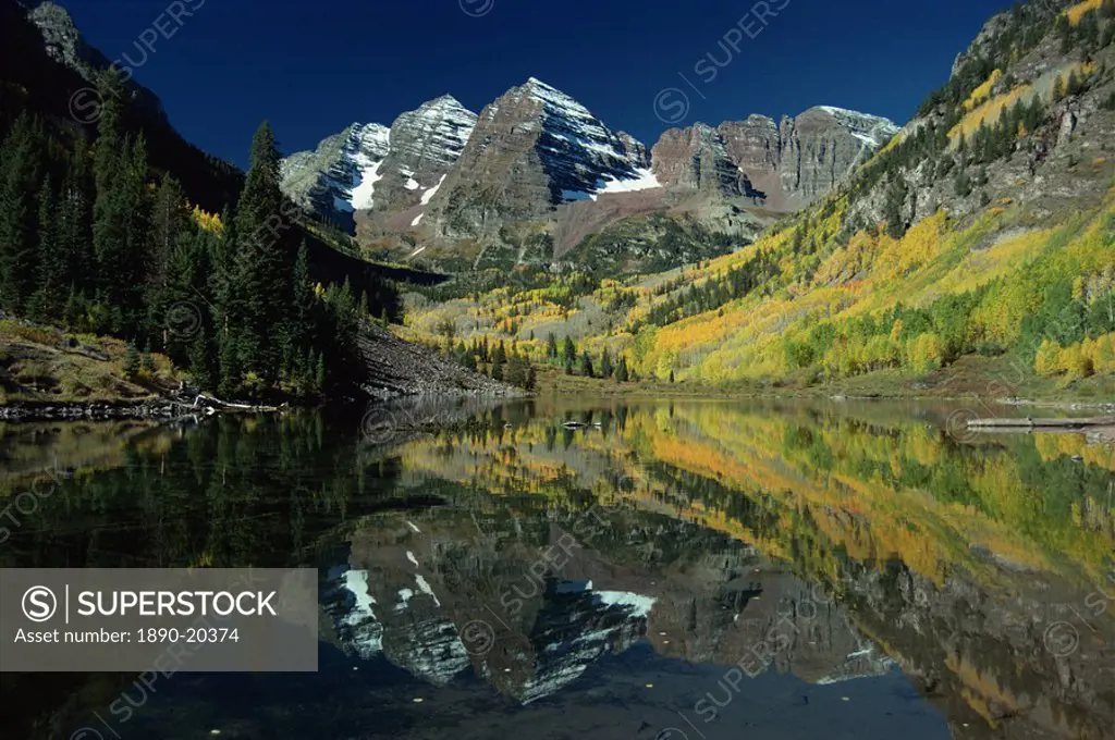 Maroon Bells reflected in lake, near Aspen, Colorado, United States of America, North America