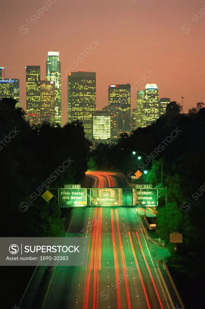 Los Angeles skyline and freeway, illuminated at night, California, United States of America, North America