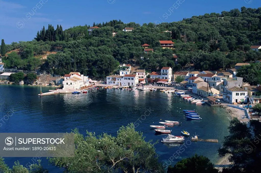 Aerial view over Loggos harbour, Paxos, Ionian Islands, Greek Islands, Greece, Europe