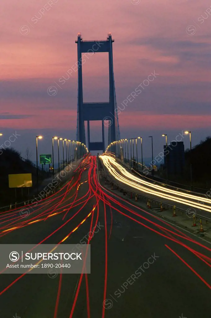Time_lapsed view of traffic crossing the First Old Severn Bridge, Avon, England, United Kingdom, Europe