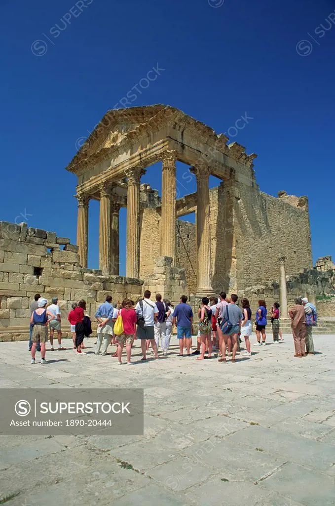 Tourists at the Roman ruins, the Capitol, Dougga, UNESCO World Heritage Site, Tunisia, North Africa, Africa