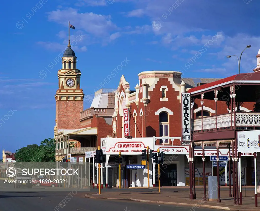 Street scene including clock tower in the outback gold mining town of Kalgoorlie in Western Australia, Australia, Pacific