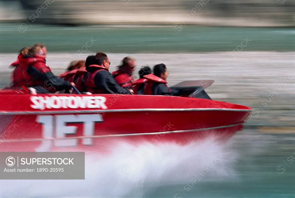 Tourists jetboating on Shotover Jet, Queenstown, South Island, New Zealand, Pacific