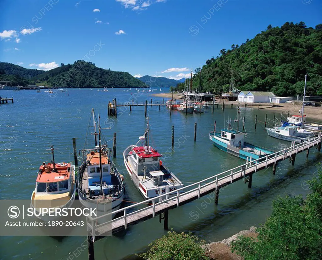 A. S. Echo and pleasure craft in Picton Harbour at the entrance to Queen Charlotte Sound, Marlborough, South Island, New Zealand, Pacific