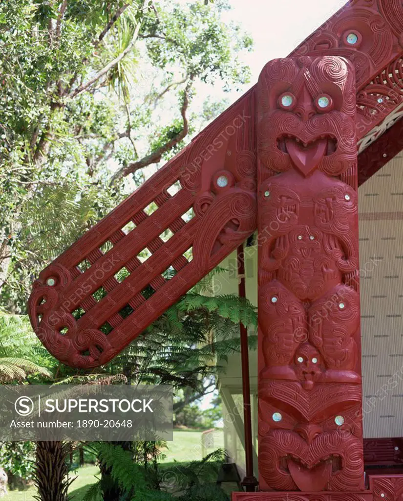Bargeboards representing ancestors´ arms on a building in the Waitangi National Reserve, Whara Runanga, at Waitangi, Bay of Islands, North Island, New...