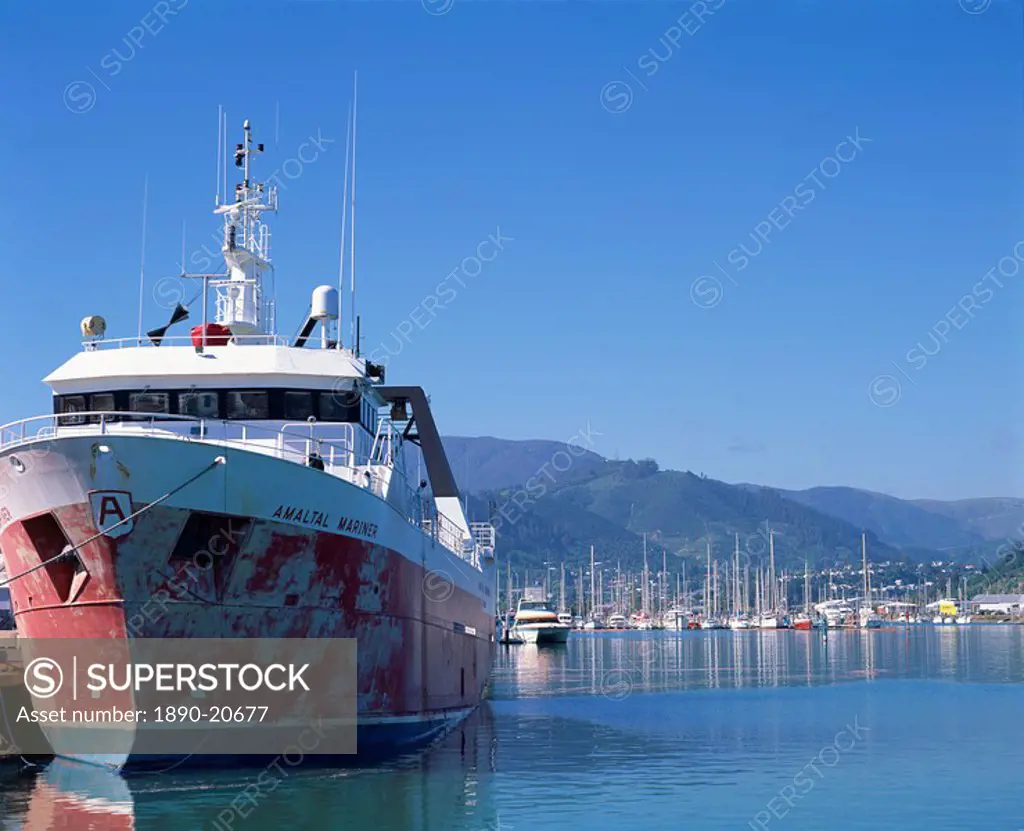 Ship moored in harbour at Nelson, Malborough Sounds, Marlborough, South Island, New Zealand, pacific