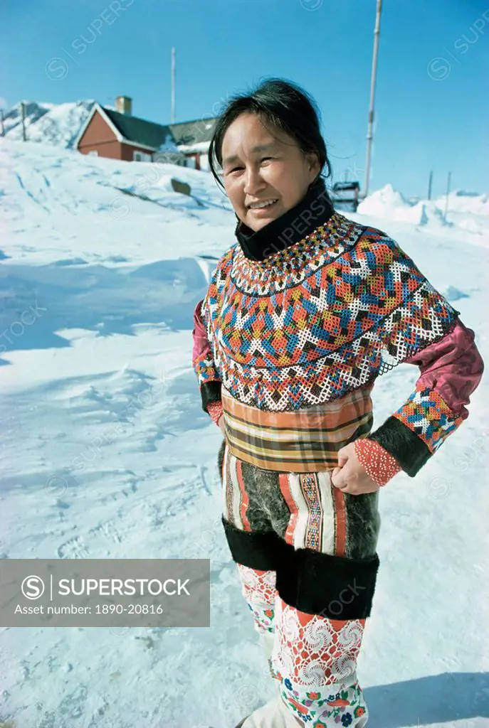Woman wearing national dress, Angmagssalik Ammassalik, Greenland, Polar Regions