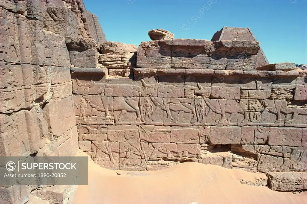 Rock carvings on Meroe Pyramid, Sudan, Africa
