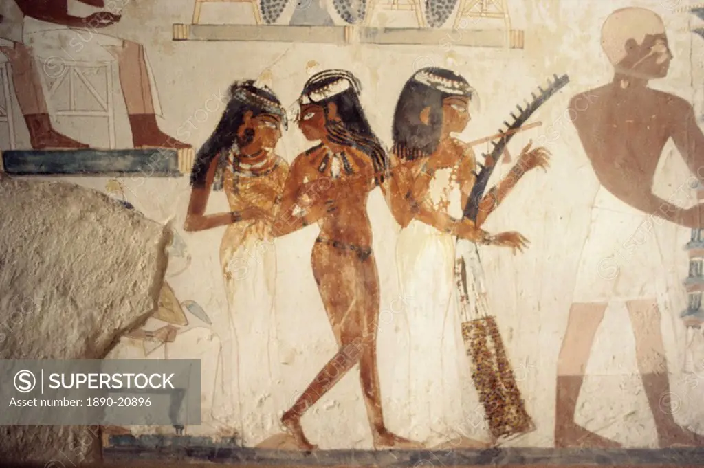 Wall paintings of female musicians in the tomb of Nakht, Minister of Agriculture in the reign of Tutmosis IV, Valley of the Nobles, Thebes, UNESCO Wor...