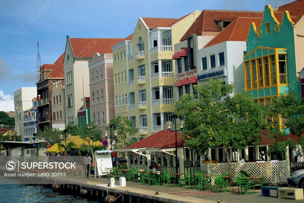 Waterfront buildings with outdoor cafes and bars, Willemstad, Curacao, Antilles, West Indies, Caribbean, Central America