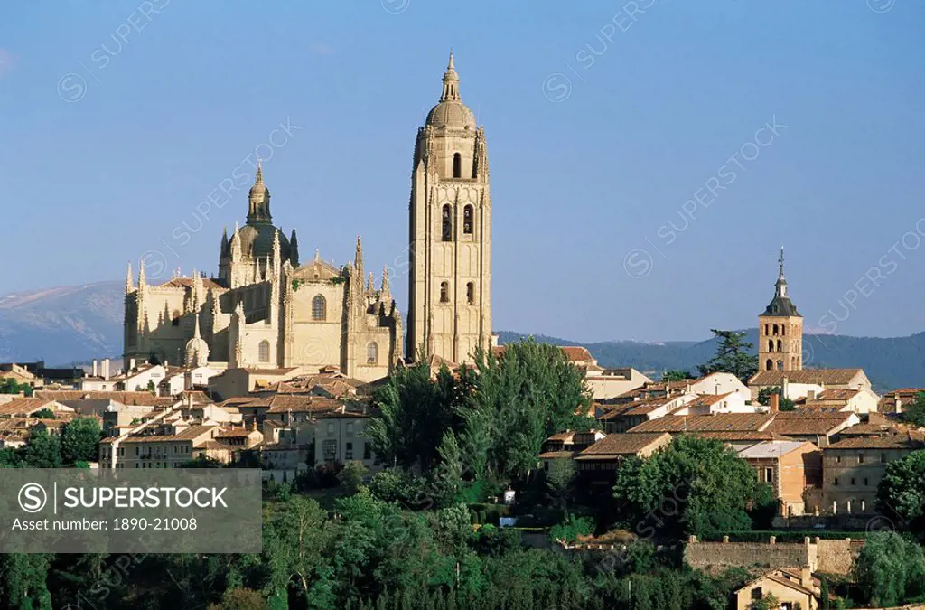 View to cathedral from north, Segovia, Castile and Leon, Spain, Europe