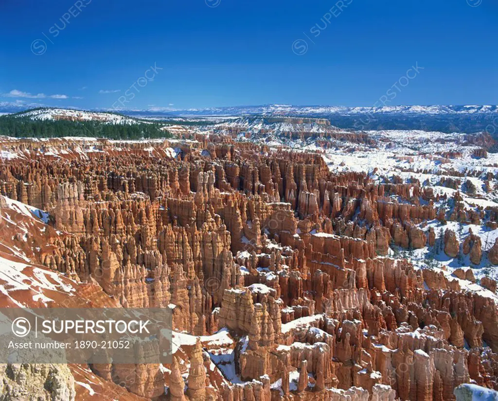 Pinnacles and rock formations known as The Silent City, seen from Inspiration Point, with snow on the ground, in the Bryce Canyon National Park, Utah,...