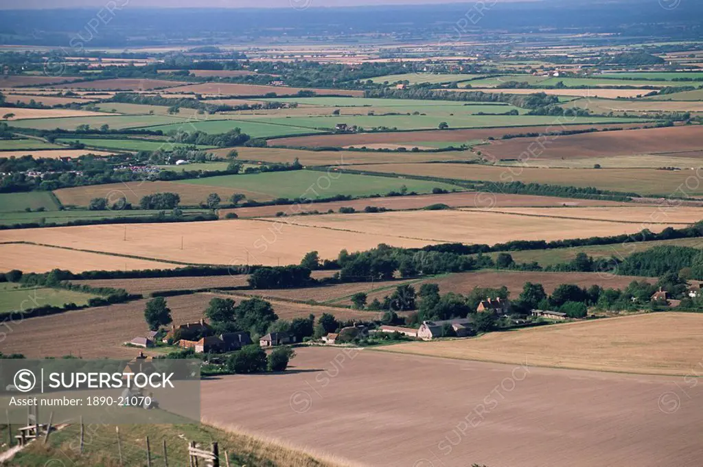 View across fields from the South Downs near Wilmington, East Sussex, England, United Kingdom, Europe