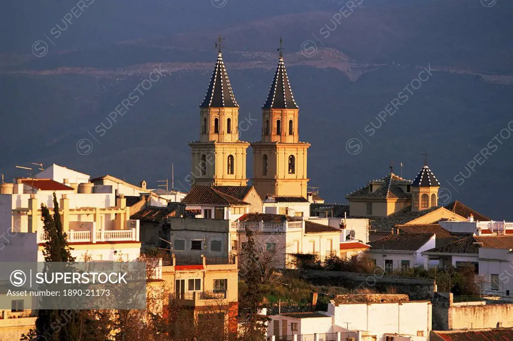 Rooftops and church at sunset, Orgiva, Alpujarras, Granada, Andalucia, Spain, Europe