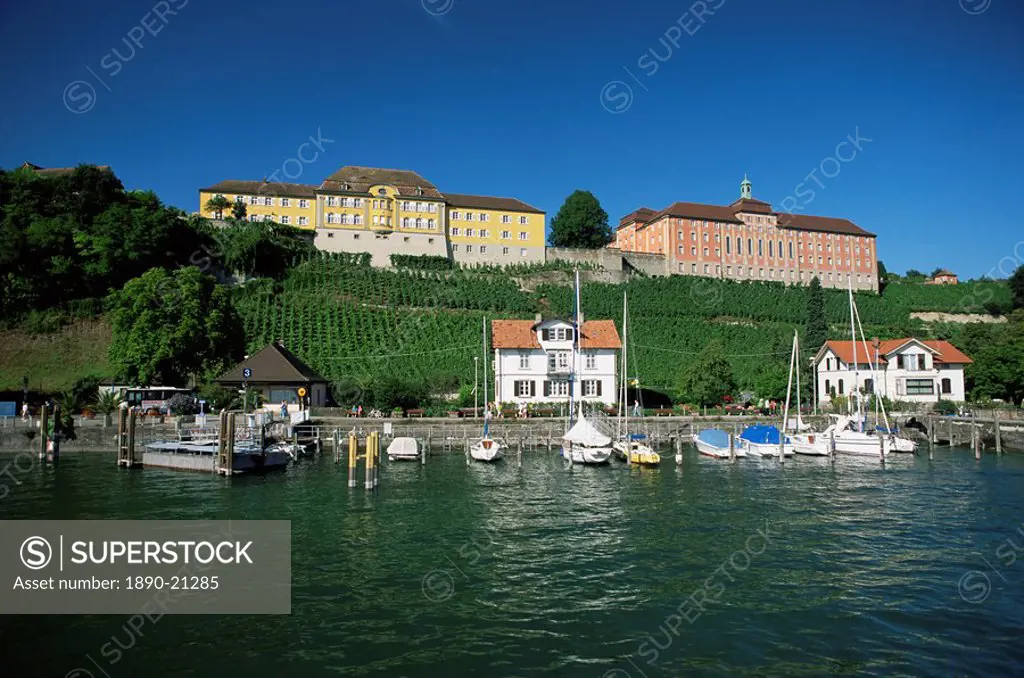 Richly decorated buildings above the harbour on Lake Constance, Meersburg, Baden_Wurttemberg, Germany, Europe