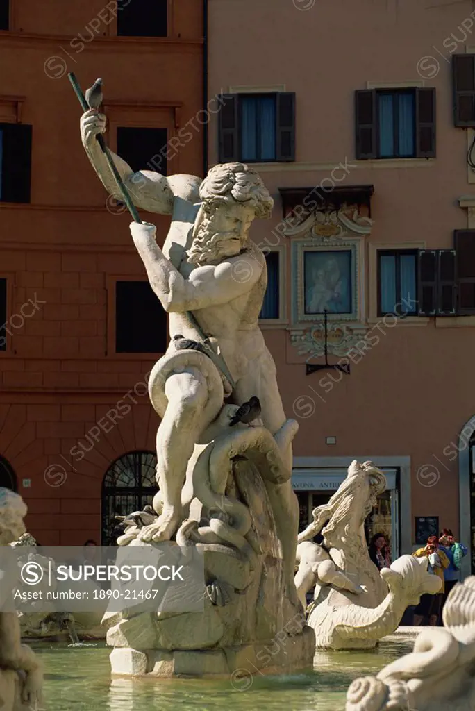 Detail of the 19th century Fontana del Nettuno, Piazza Navona, Rome, Lazio, Italy, Europe