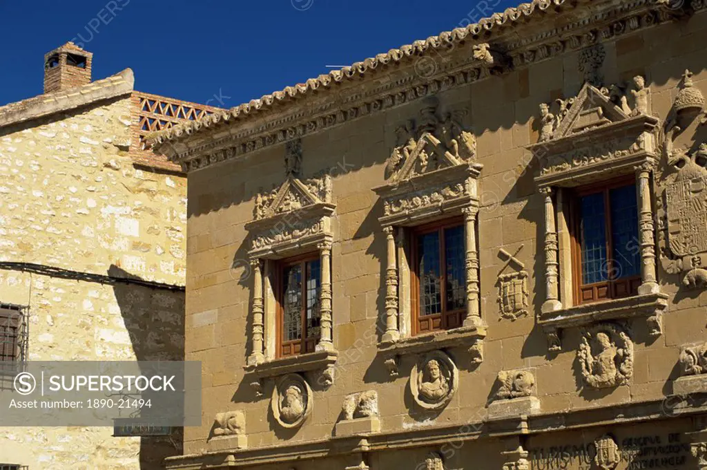 The 16th century Plateresque facade of the Casa del Populo, now the Tourist Office, Baeza, Jaen, Andalucia Andalusia, Spain, Europe