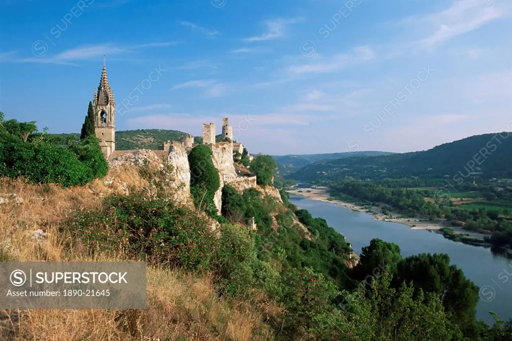 Church and castle overlooking Ardeche River, Aigueze, Gard, Languedoc_Roussillon, France, Europe