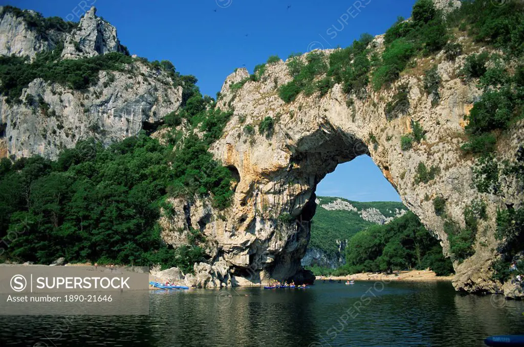 The Pont d´Arc, a natural rock arch over the Ardeche River, in the Ardeche Gorges, in the Ardeche region of the Rhone Alpes, France, Europe