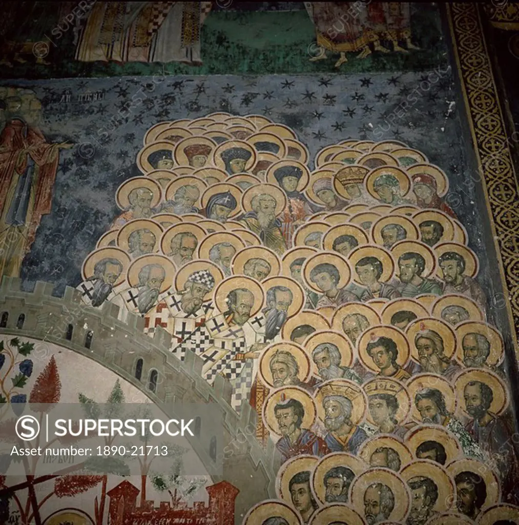 Frescoes painted on inside to inspire peasants, church dating from 1586, Sucevita Monastery, Moldavia, Romania, Europe