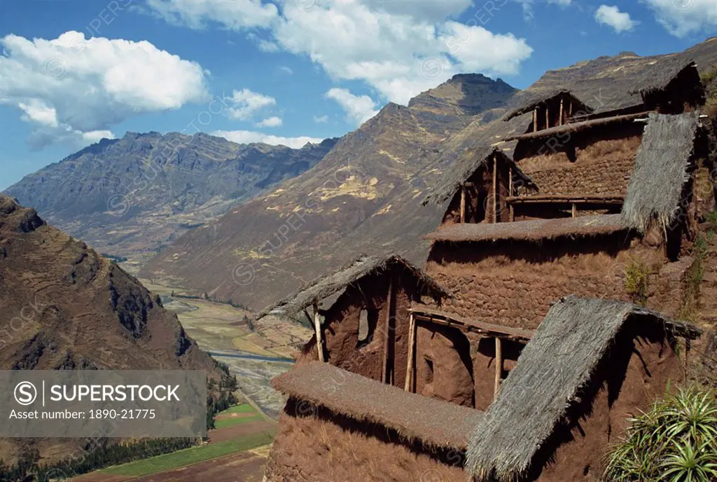 Community food storehouses at an Inca site in the Urubamba Valley, Pisac, Peru, South America