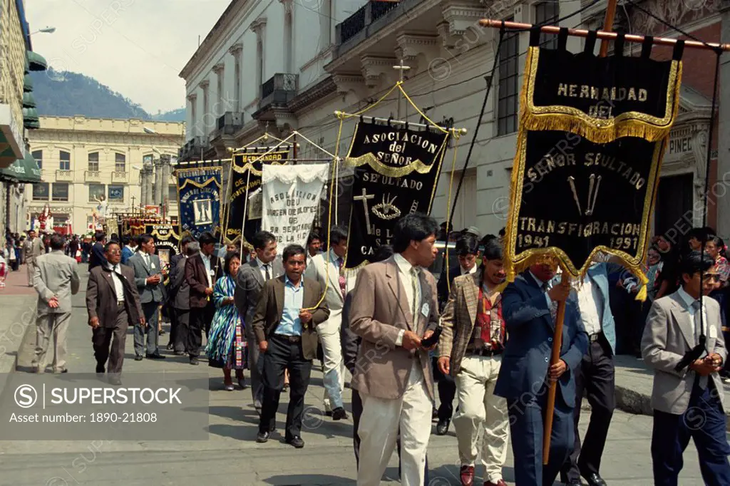 Procession of city brotherhoods on Easter Sunday, Quetzaltenango, Xela, Guatemala, Central America
