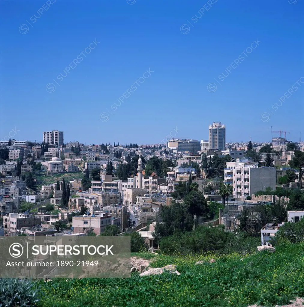 City skyline of Jebel Amman from the Citadel, including 2nd to 3rd Circle with Hotel Intercontinental and Jordan Tower, Amman, Jordan, Middle East