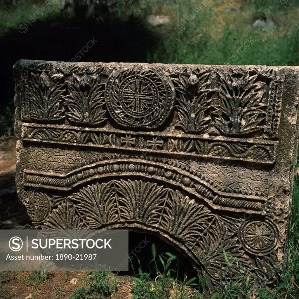 Close_up of Christian carvings on architectural remains at the cruciform church at St. Simeon, dating from between 476 and 491, Dead City region, nort...