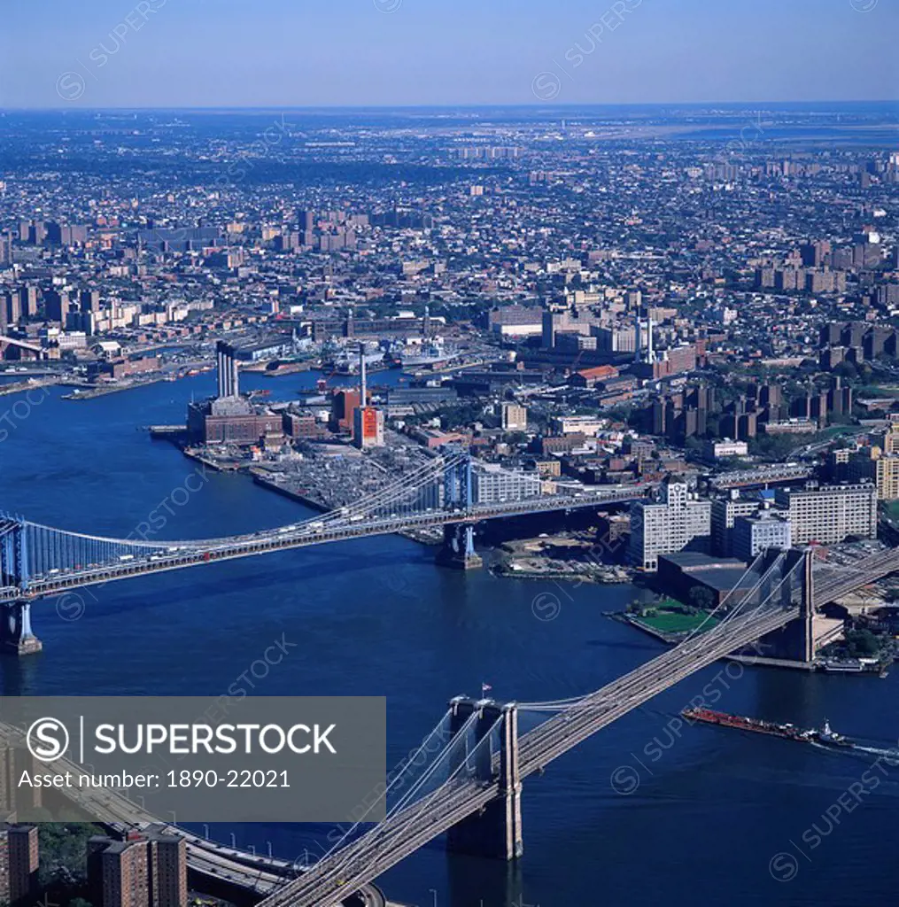 Aerial view taken before 2001, over Brooklyn Bridge, nearest, and Manhattan Bridge, from the 110th floor observatory of the World Trade Centre, Manhat...