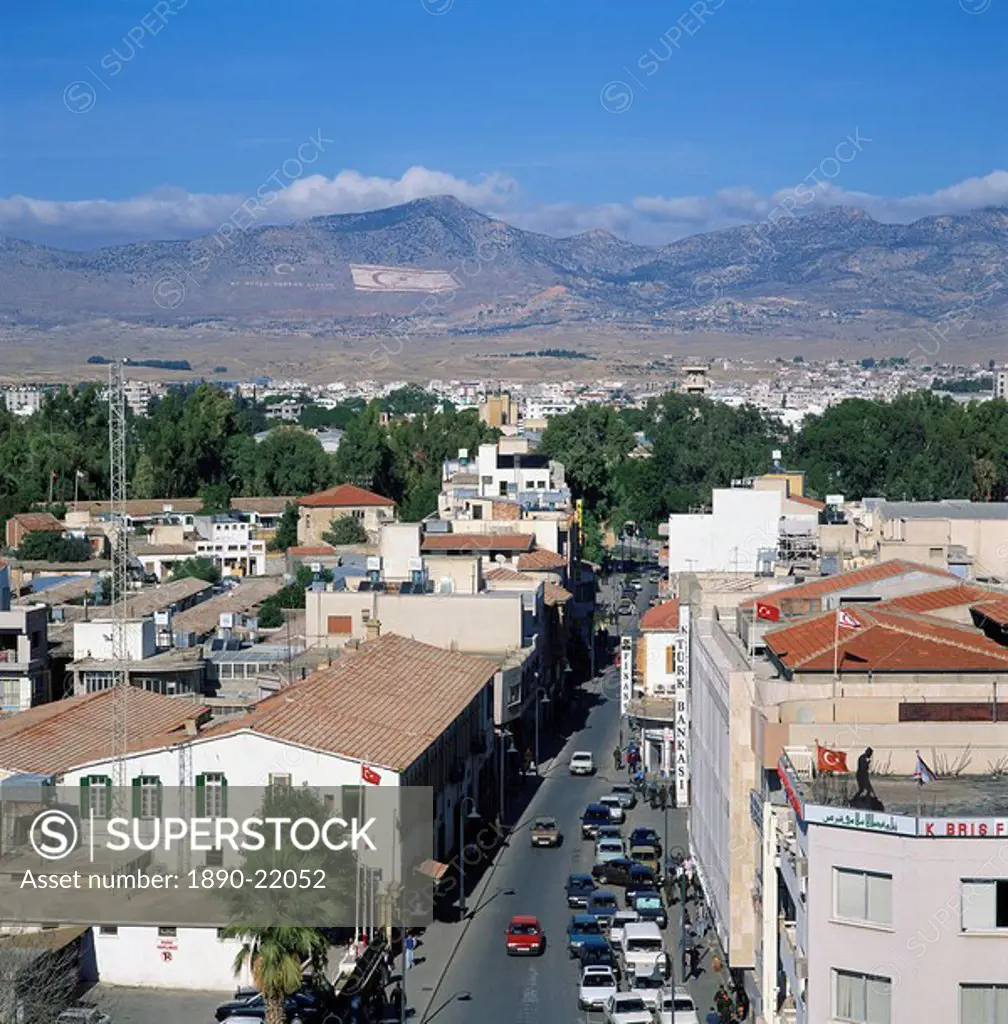 Street and rooftops of Turkish Cypriot North Nicosia with Kyrenia mountains in distance, taken from Saray Hotel, Nicosia, North Cyprus, Europe