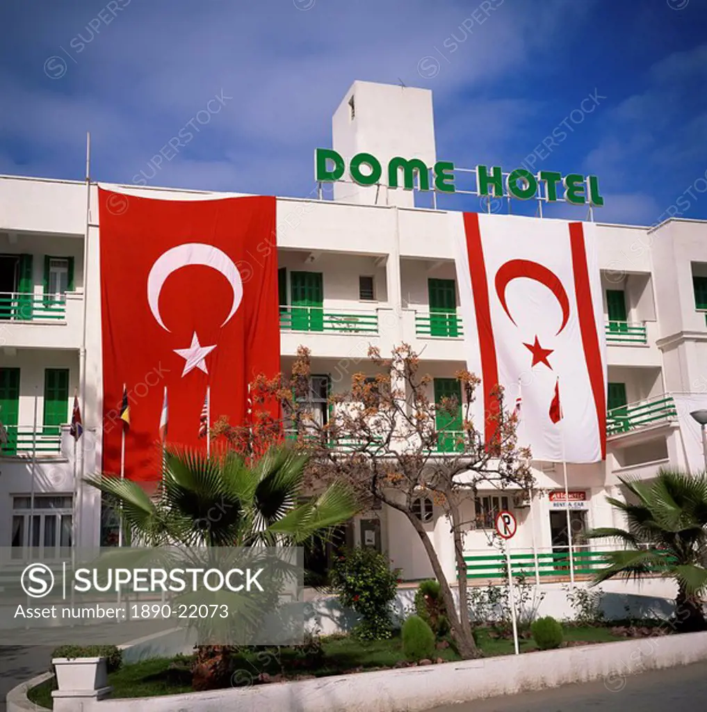 Dome Hotel with Turkish and Turkish Republic of Northern Cyprus flags, Kyrenia, Cyprus, Europe
