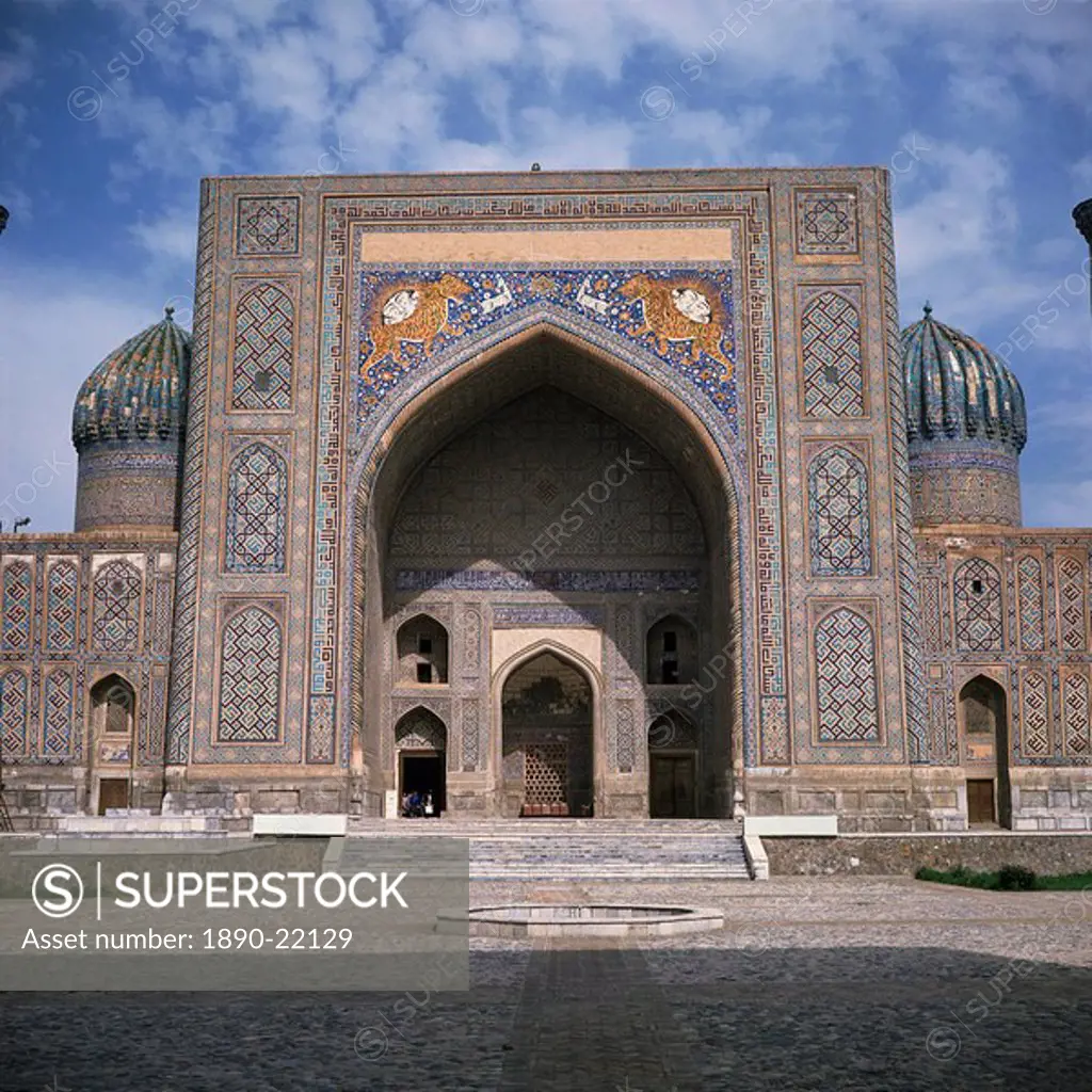 The Sher Dor Madrasah dating from 1636 on Registan Square in the city of Samarkand, Uzbekistan, Central Asia, Asia