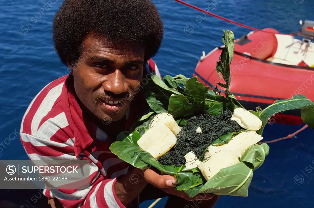 Fijian delicacies of cassava and balolo, Fiji, Pacific Islands, Pacific
