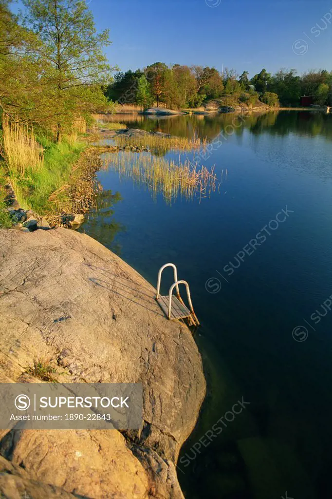 Steps placed beside lake to help bathers, Rosenon Island, near Dalaro, Sweden, Scandinavia, Europe