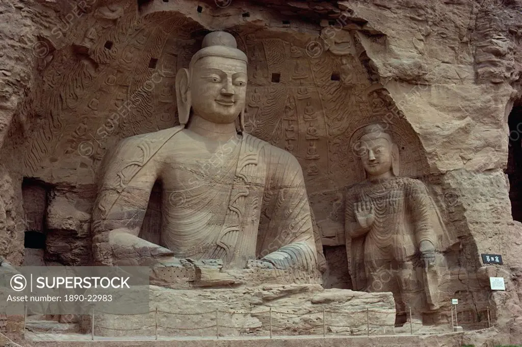 Stone carved Buddha and Bodhisattva, Cave No.20, Yun Kang Caves, UNESCO World Heritage Site, China, Asia