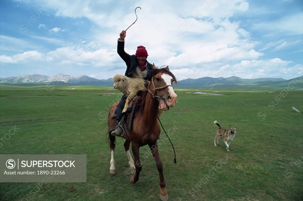 Wild Kirghiz nomad on horse with sheep, Lake Son_Kul, Kyrgyzstan, Central Asia, Asia