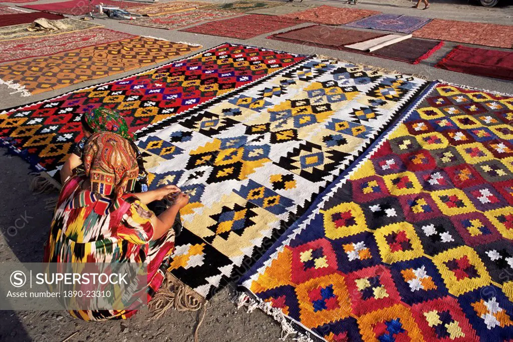 Carpet market, Old City walls, Bukhara, Uzbekistan, Central Asia, Asia