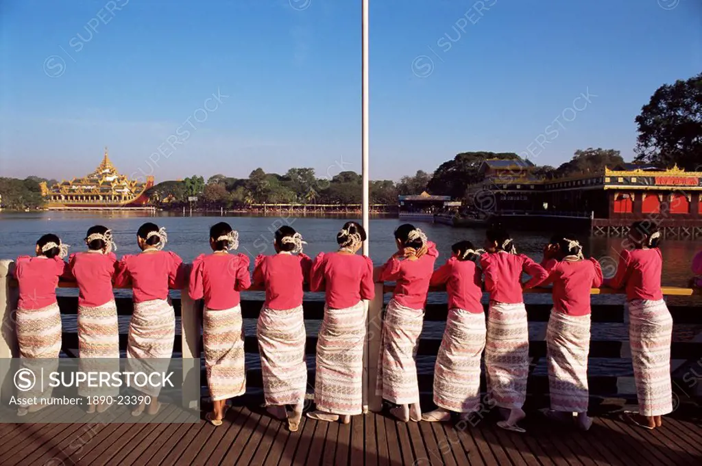 Mon women in traditional dress, Yangon Rangoon, Myanmar Burma, Asia