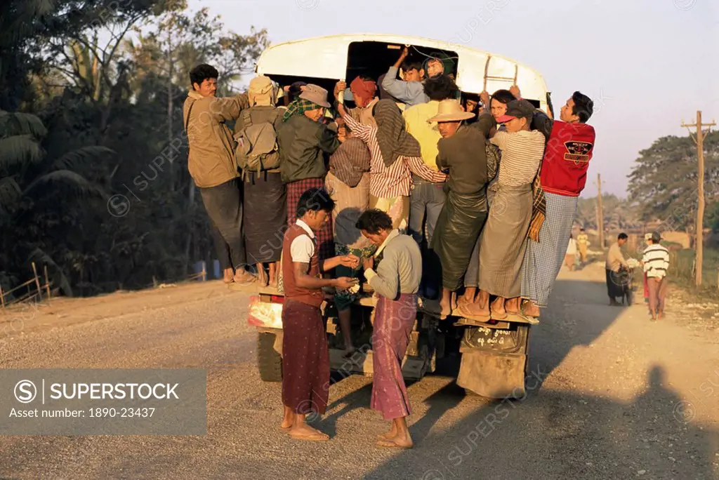 Overcrowded bus, Ayeyarwady Delta, near Yandoon, Myanmar Burma, Asia