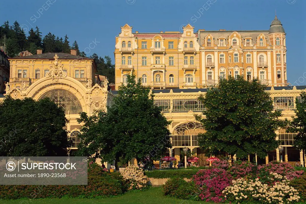 Gardens and colonnade in the centre of Marianske Lanske in West Bohemia, Czech Republic, Europe