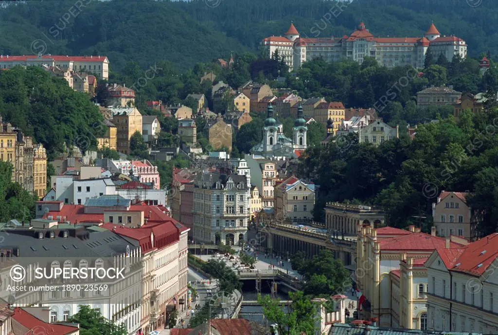 The town of Karlovy Vary Karlsbad seen from Thermal sanatorium, Czech Republic, Europe