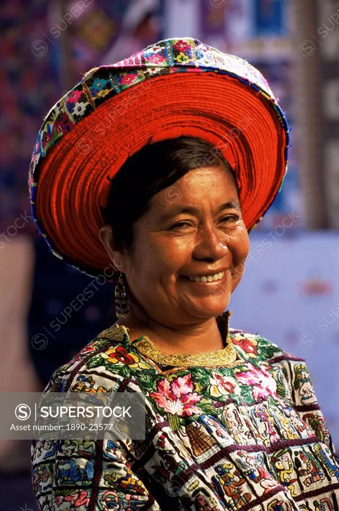 Woman in traditional dress, as profiled on 25 cent coin, Santiago Atitlan, Guatemala, Central America
