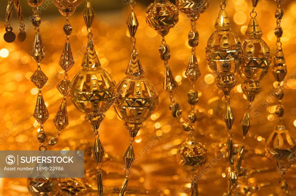 Close up of gold necklace on display, the Gold Souk, Deira, Dubai, United Arab Emirates, Middle East