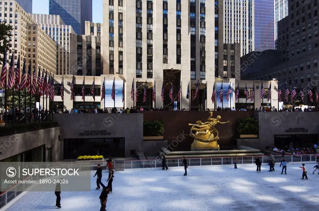 The Rockefeller Center with famous ice rink in the Plaza, Manhattan, New York City, New York, United States of America, North America