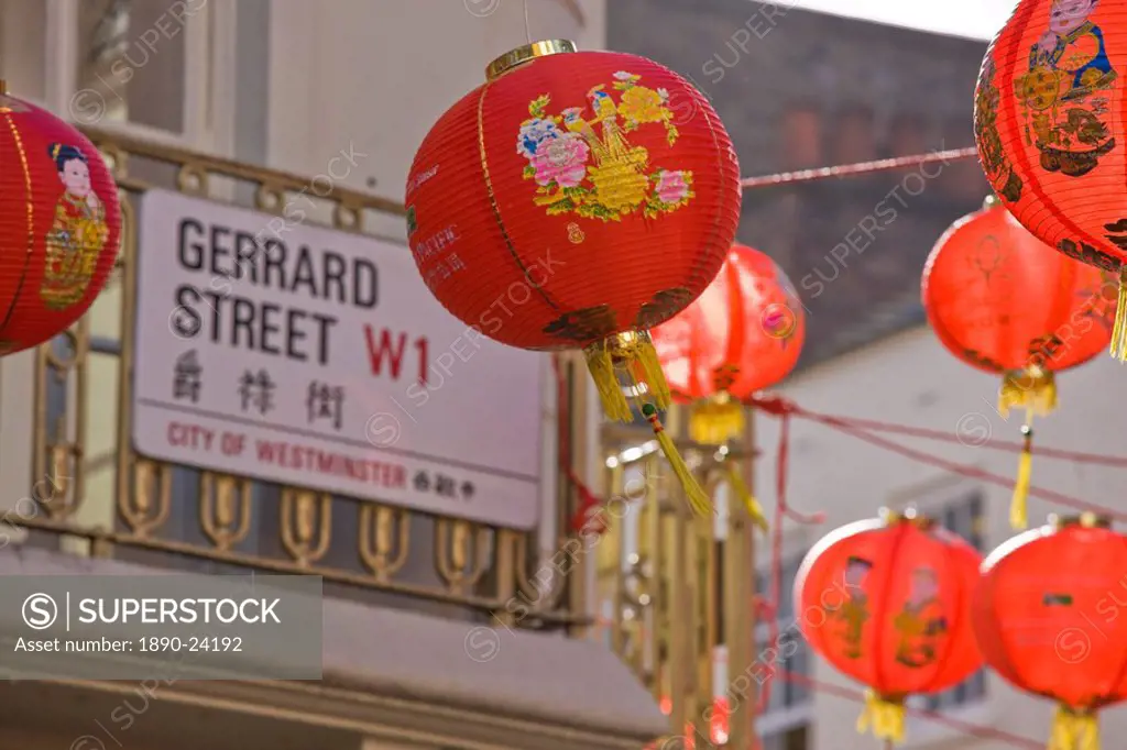 Gerrard Street, Chinatown, during Chinese New Year celebrations colourful lanterns decorate the surrounding streets, Soho, London, England, United Kin...