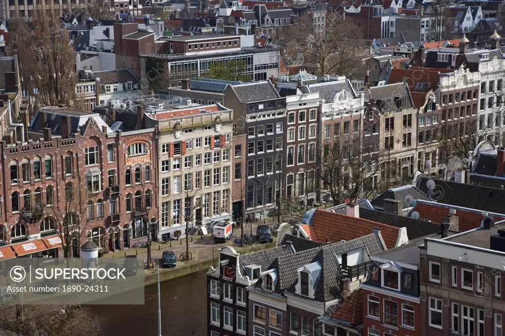 High angle view over the Prinsengracht Canal, Amsterdam, Netherlands, Europe